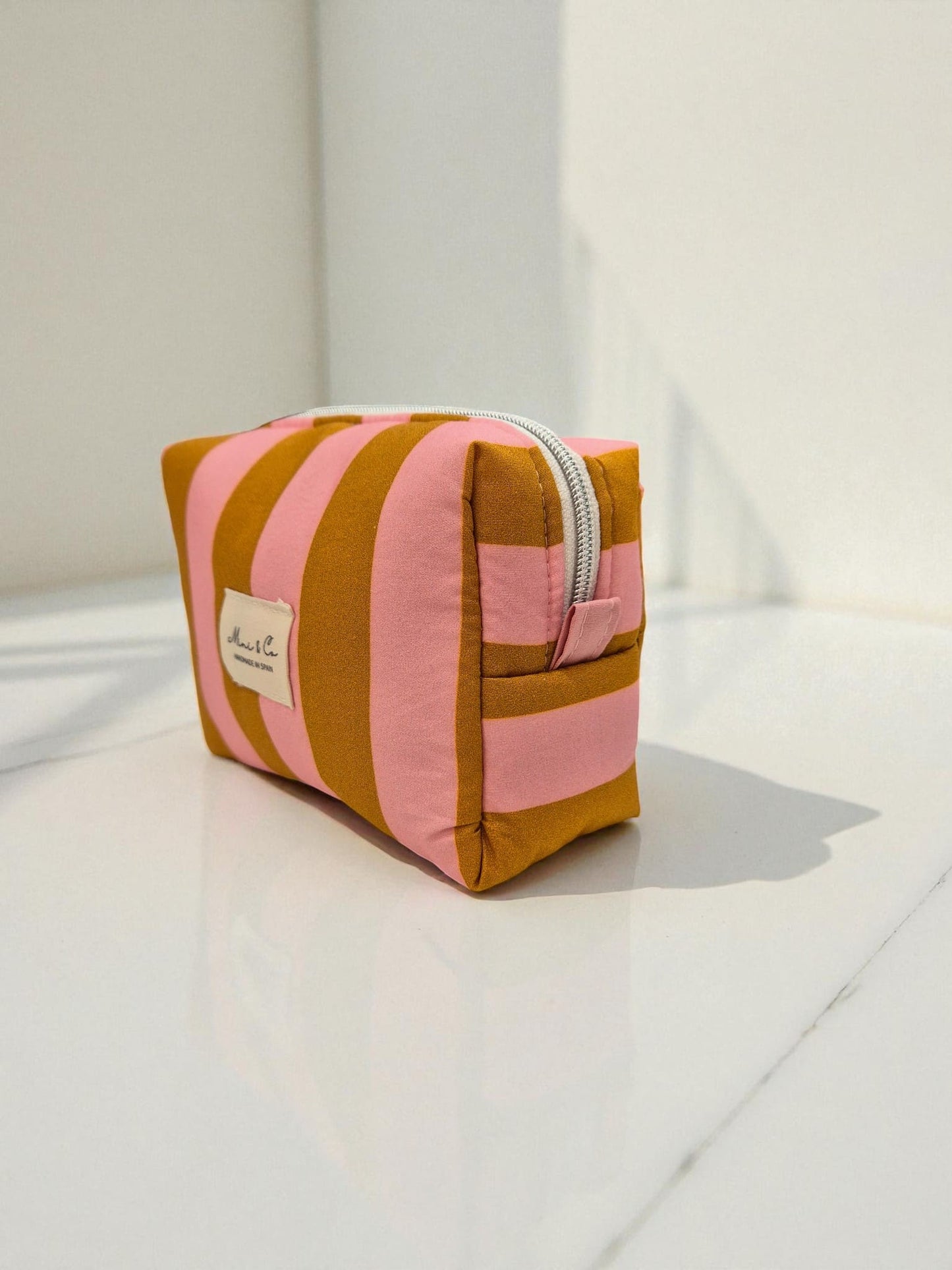 Neceser pequeño rayas rosas y marrones