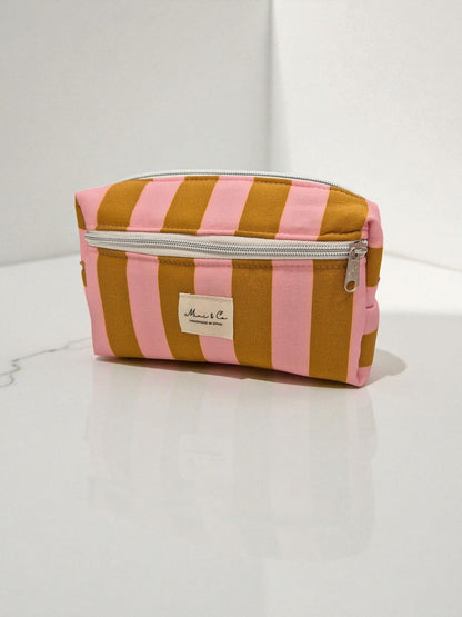 Neceser grande marrón y rosa